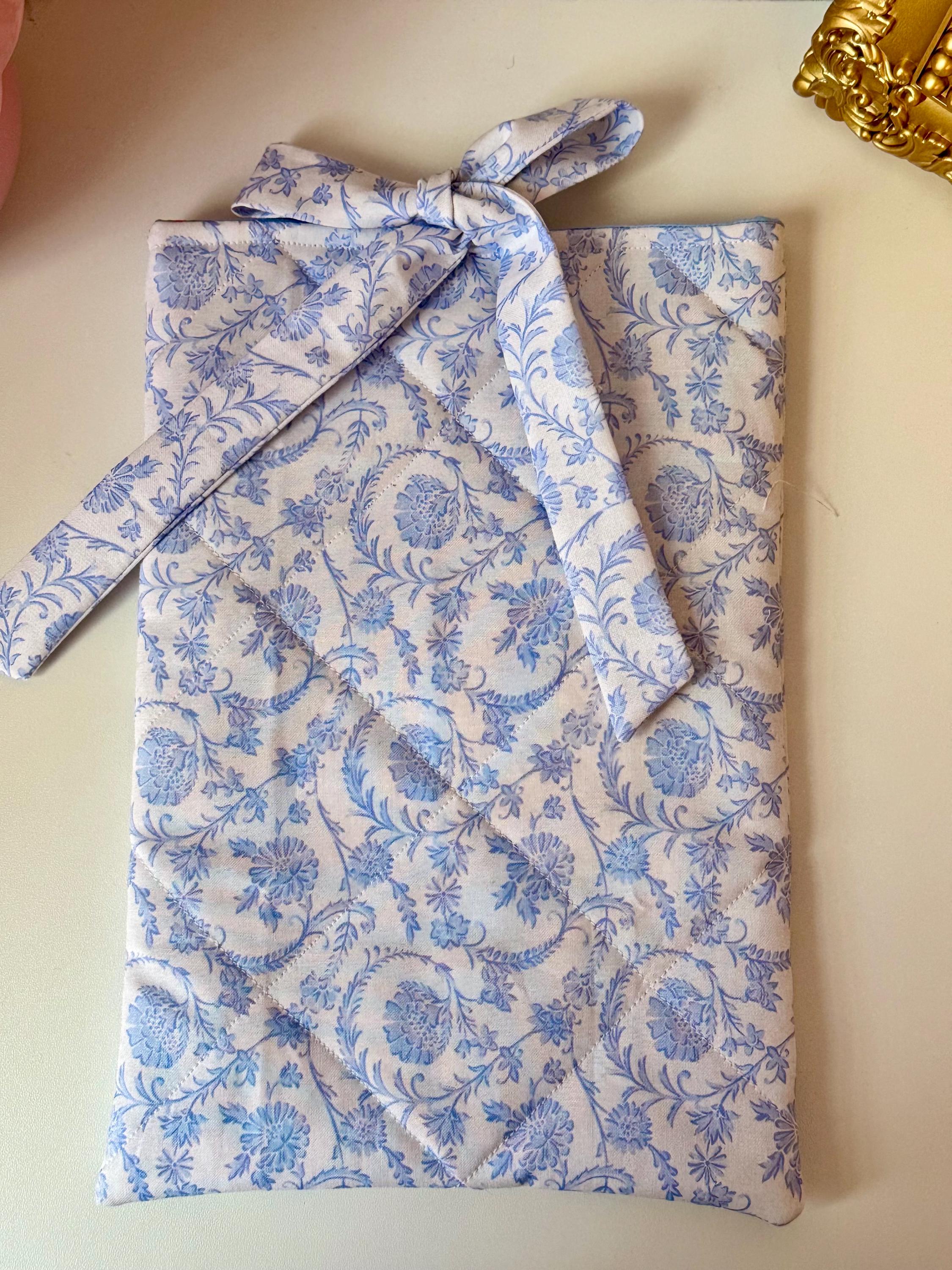Handmade Quilted Book Sleeve with Bow-Victorian Blue