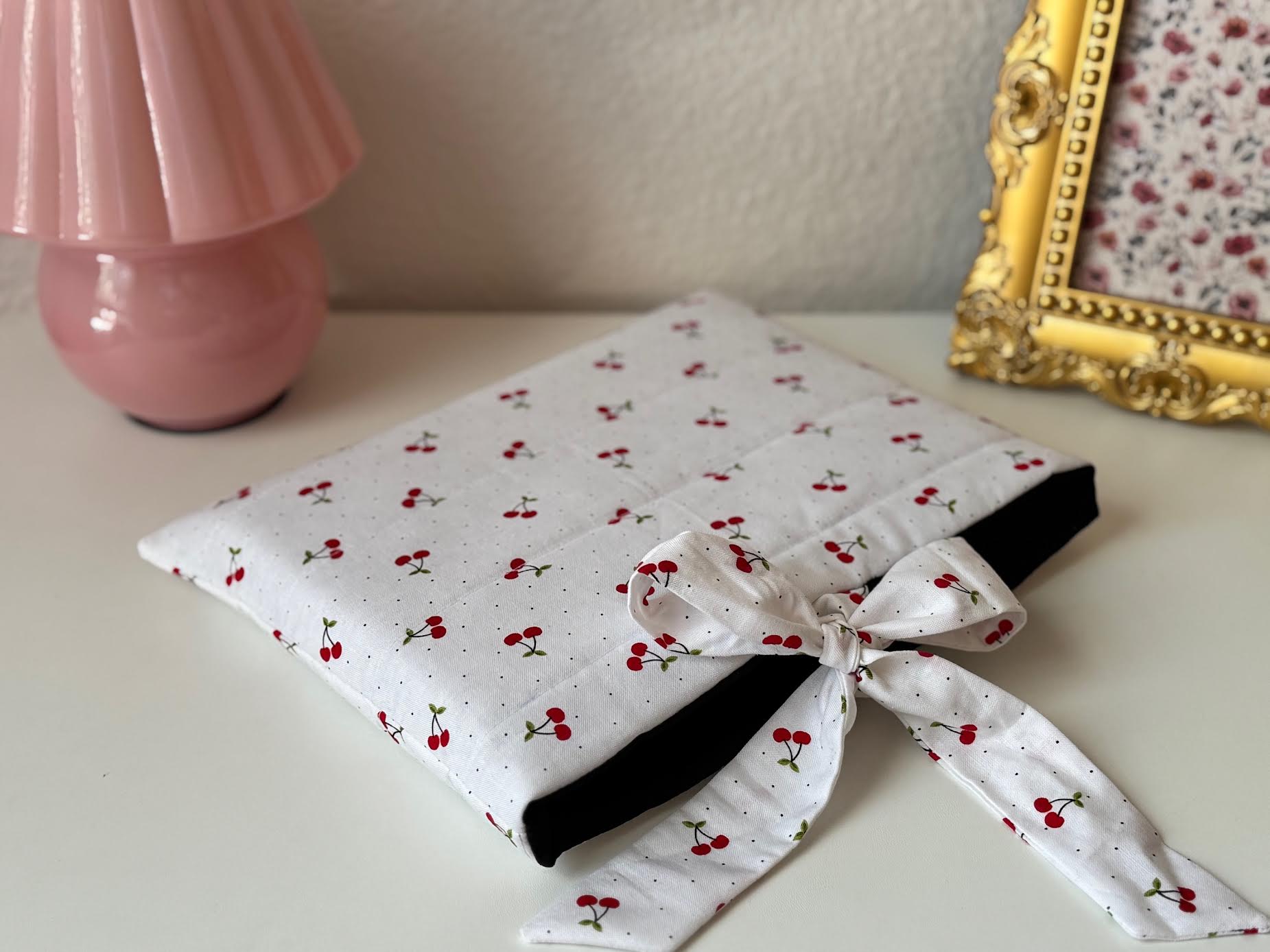 Large Handmade Quilted Book Sleeve with Bow: Cherries