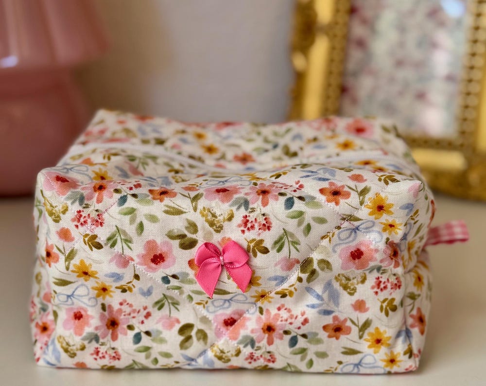 Medium Handmade Floral Boxy Makeup Bag